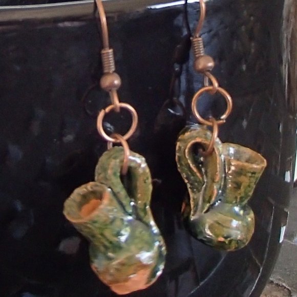 Terracotta Mexico Pottery OoaK Earrings Mini Glazed Handmade Copper Wires Rings - Picture 2 of 14